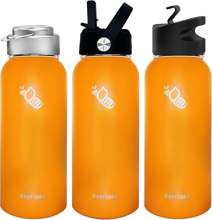 Sports Water Bottle - 32 Oz, 3 Lids (With straw), 50 Cute Stickers, Vacuum Insulated, 308 Stainless Steel, with a Portion of Sales Supporting Bee Conservation Efforts (Orange)