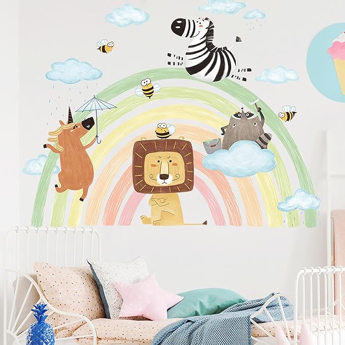 Jungle Animals Tree Wall Decals Lion Zebra Rainbow Wall Stickers Baby Nursery Kids Bedroom Living Room Wall Decor