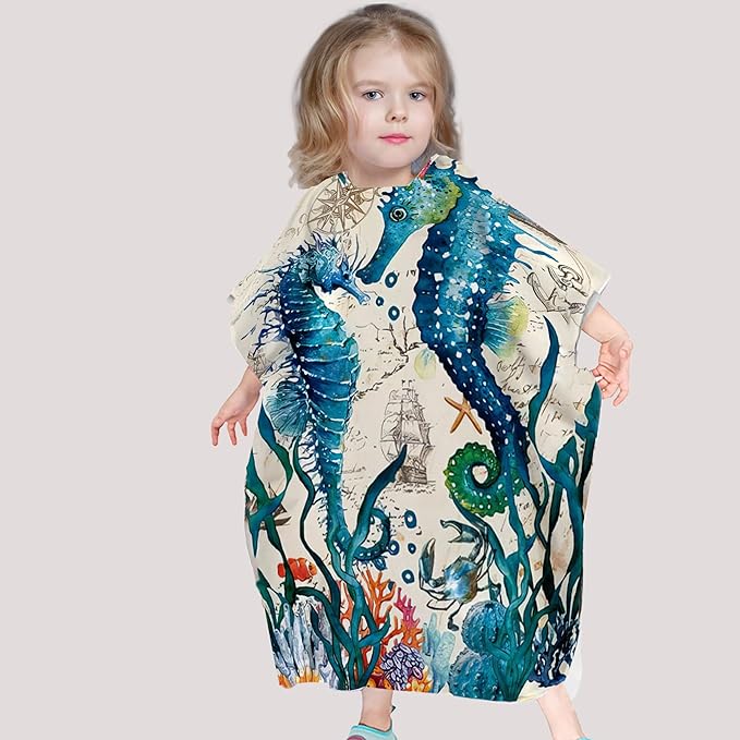 Seahorse Beach Towel with Hood for Boys Girls Premium Microfiber Kids Hooded Bath Towel Toddler Swim Pool Cover Up for 2-8 Years
