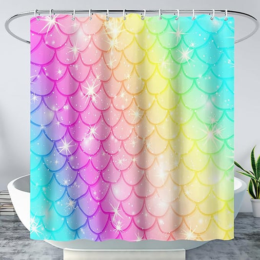AILONEN Mermaid Scale Shower Curtain,Rainbow Mermaid Scale Bath Curtain Gifts for Girls,Polyester Waterproof for Bathroom with 12 Plastic Hooks 72" W*84" H