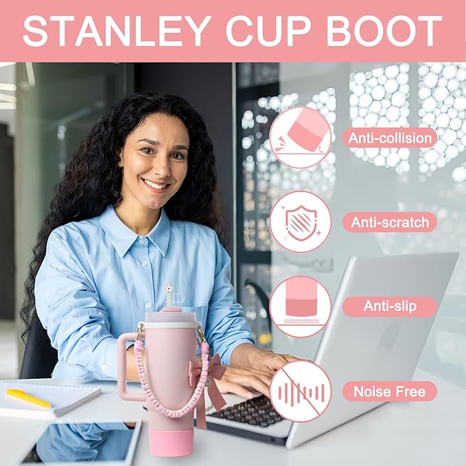 Stanley Cup Accessories Set- Water Bottle Handle Strap, Stanley Cup Protective Silicone Boot, Bow Design Stanley Charms for Stanley Cup 40oz /30 oz Tumbler (pink)