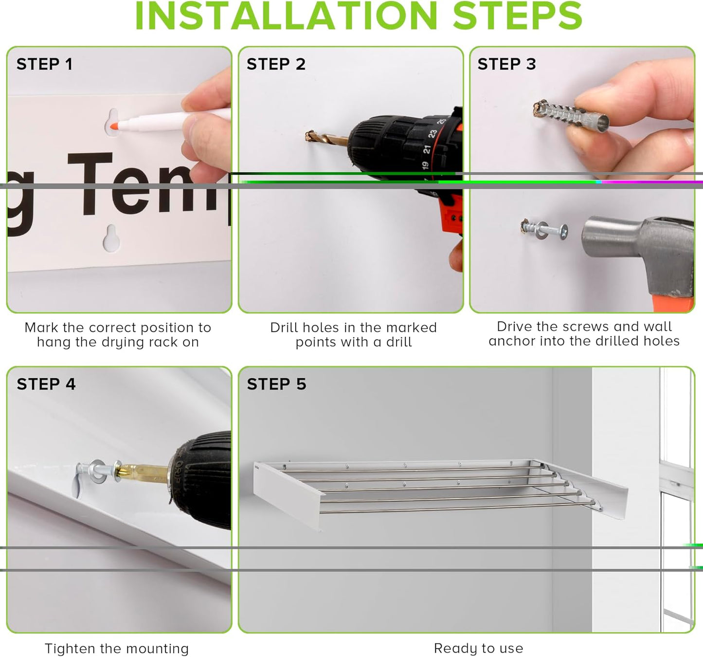 Wall Mounted Laundry Drying Rack, Retractable Clothes Drying Rack for Bathroom with Wall Template, 5 Stainless Rods Heaving 60 lb Capacity (White, 40")
