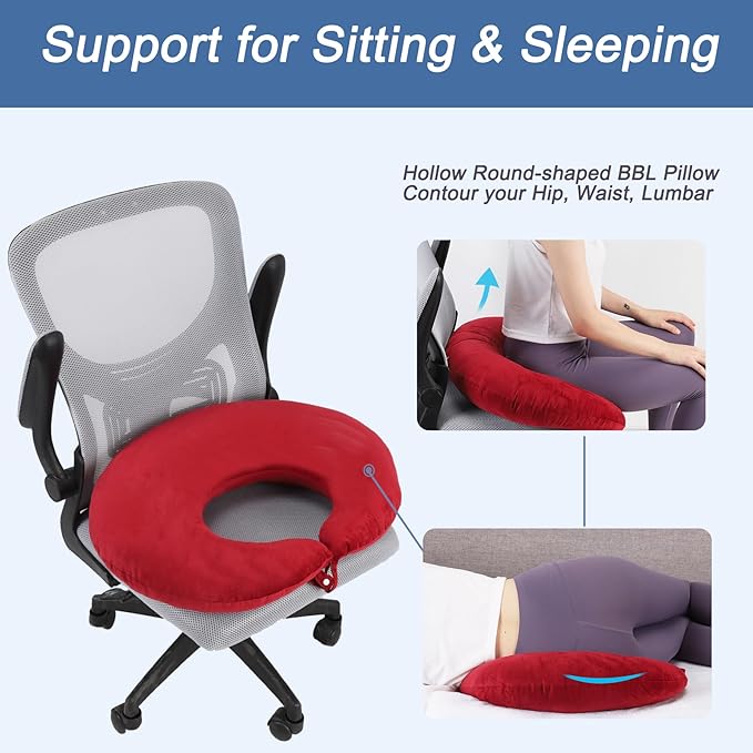 BBL Pillow After Surgery, BBL Pillow for Sitting Sleeping Driving, Hemorrhoid Pillow Seat Support Cushio for Butt with Hole, Butt Donut Pillow for Woman (Red)