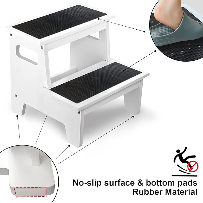 Kids Step Stools for Toddlers Bathroom Wood Toddler Step Stool Kitchen Counter Sink Baby Stepstools Bamboo Wooden Foot Bed Stool for Child Potty Training Toilet Stool Stepping Stool, White with Pads