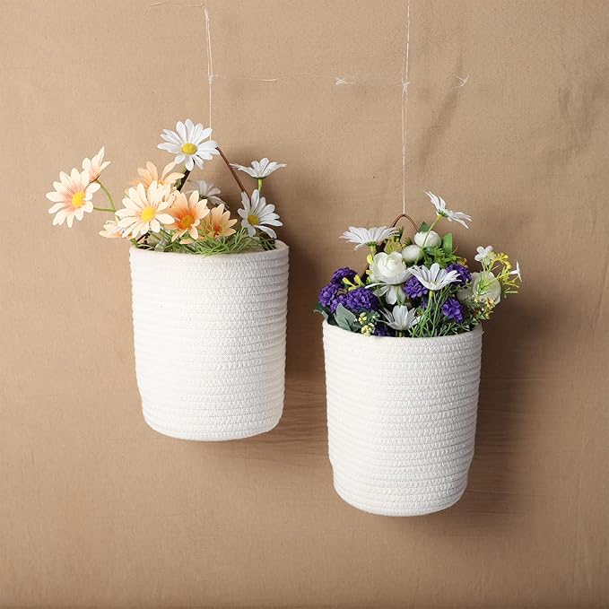 Hanging Basket(2Piece) Wall Woven Cotton Rope Storage Basket with Leather Decorative Baskets Organizer for Kitchen Office Bedroom,Plants,Towels, Toys