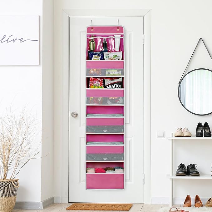 Univivi Door Hanging Organizer Nursery Over the Door Organizer Baby Storage with 5 Large Pockets and 3 Small PVC Pockets for Cosmetics, Toys and Sundries (Pink)