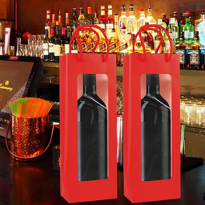 Cyblinia Wine Gift Bags with Window,20 Pack Paper Wine Bags 4.9 x 3.4 x 14.2 Inch Kraft Paper Flower Wrapping Bags Wine Bags for Wine Bottle and Gifts,Wedding,Birthday,Christmas