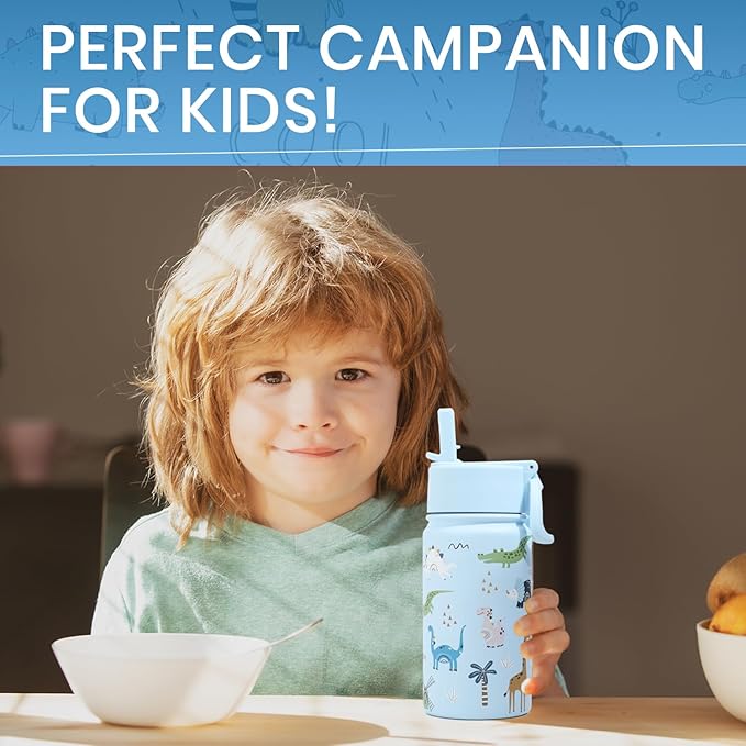 Water Bottle 14 Oz, Triple Walled Insulated Stainless Steel Odor & Strain Resistant Reusable Bottle, 1 straw Lid, Leakproof, Metal Mug Gallon, BPA Free, Blue Zoo