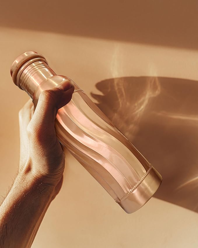 Wave Copper Water Bottle - Leak Proof Ayurvedic Drinkware Copper Vessel for Sports, Gym, Outdoors, Yoga, 30 Oz Pure Copper Vessel for Drinking