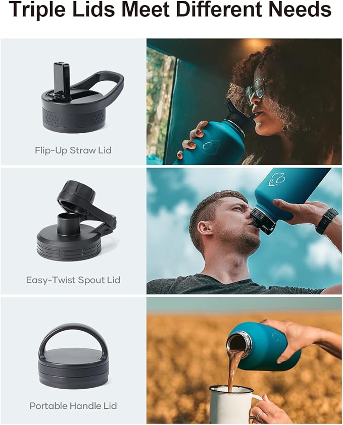 BUZIO Water Bottle with Straw lid, Spout Lid, Hand Lid and Carrying Pouch, 32oz 40oz 64oz Stainless Steel Water Flask Jug, Cold for 48 Hrs Hot for 24 Hrs Double Vacuum Thermo Canteen Mug, BPA-Free