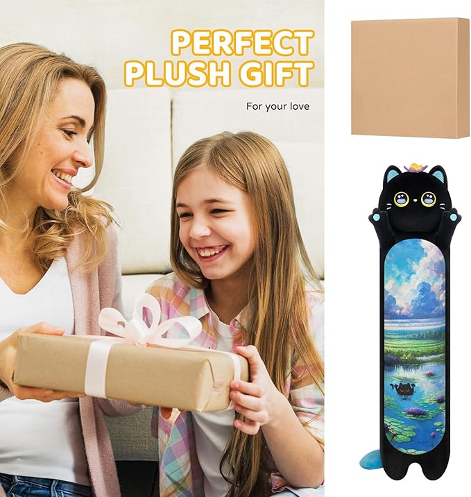 Long Cat Plush Kawaii Kids Plush Toy Pillows, Cute Black Cat Stuffed Animals Soft Plushies, Kitten Big Plush Toys Throw Body Pillow Doll Gift for Girls Boy (Butterfly Black Cat 20 Inches)