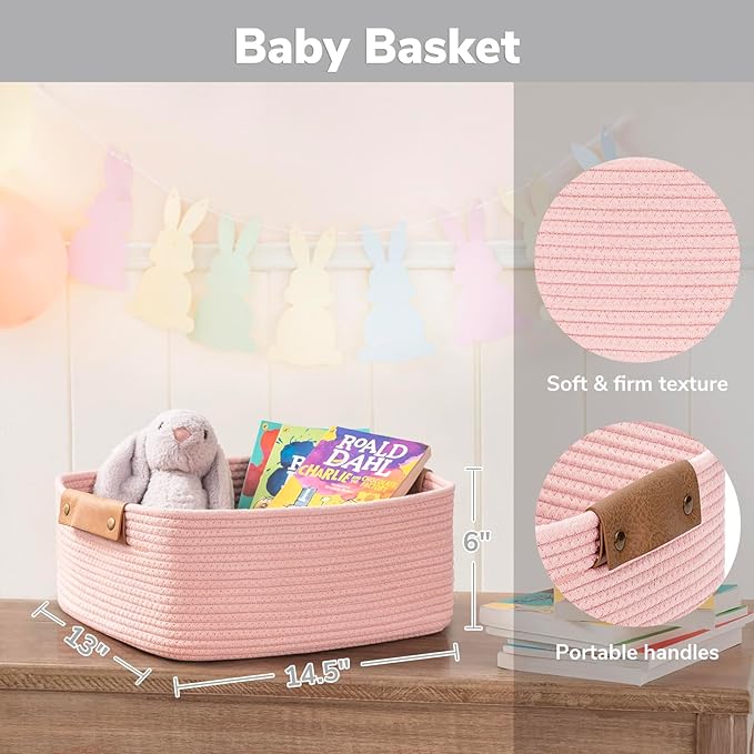 CHICVITA Pink Basket Storage Baskets for Organizing, Gift Basket for Toys, Baby Basket for Diapers, Woven Baskets for Storage, Decorative Basket for Living Room, 14.5" x 13" x 6"