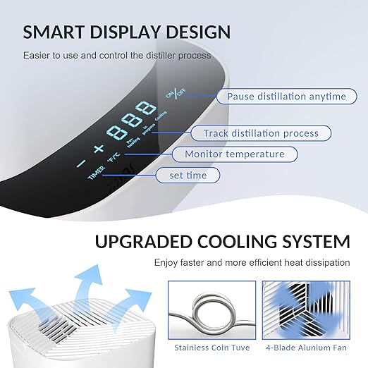 Intelligent Water Distiller-1.1 Gal Countertop Home Distilled Water Machine with Smart Time Temp Display, 750W Stainless Steel Distilling Water Maker Purifier with 4L Glass Container for Home Office