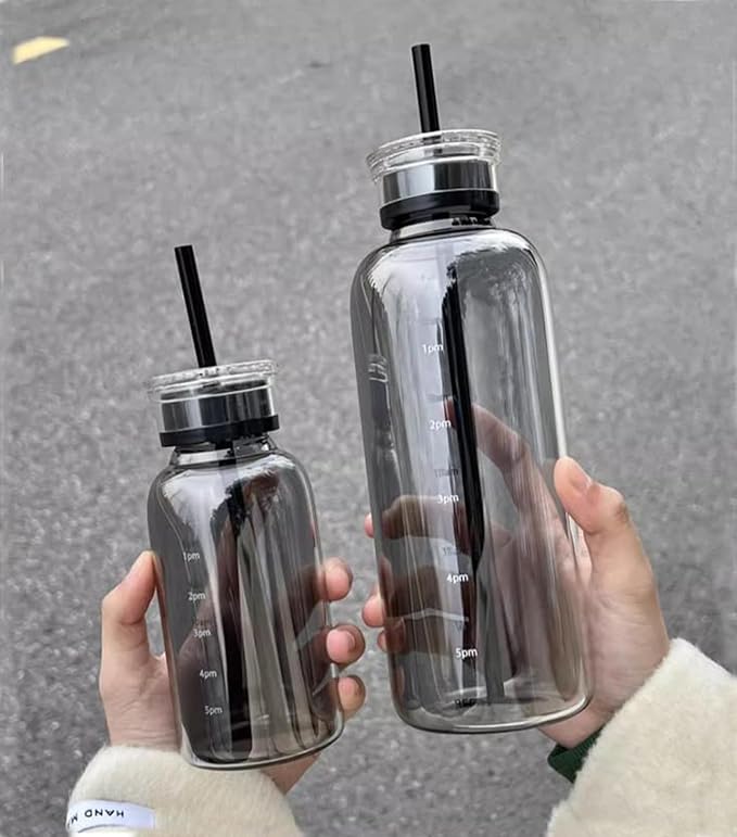 Glass Water Bottles With Double Lid,26OZ Clear Water Bottle With Time Marker,Water Bottle With Straw, Circle Water Bottle For Milk,Juice, Coffee(750ml,Grey)
