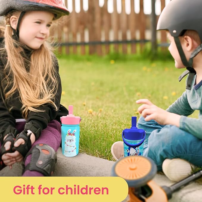 Llama Water Bottle - Kids Water Bottle with Straw Lid - 12 Oz Insulated Stainless Steel Water Bottles for Toddlers Kid Girls - Travel Cup for School Sports