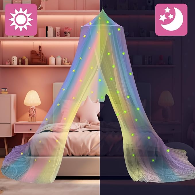 Daksha Rainbow Princess Bed Canopy for Girls with Glowing Stars, Room Decor, Bed Curtains, Ceiling Tent, Fits Twin, Full and Queen Size Beds