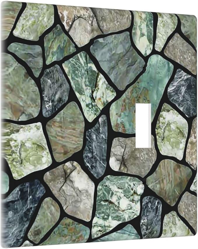 Green Stone Texture Combo Single Blank 1 Single Toggle Light Switch Wall Plate Cover Decorative 2-Gang for Electrical Room Bathroom Bedroom Home Kitchen One Receptacle 4.5" x 4.6"