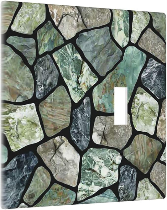 Green Stone Texture Combo Single Blank 1 Single Toggle Light Switch Wall Plate Cover Decorative 2-Gang for Electrical Room Bathroom Bedroom Home Kitchen One Receptacle 4.5" x 4.6"