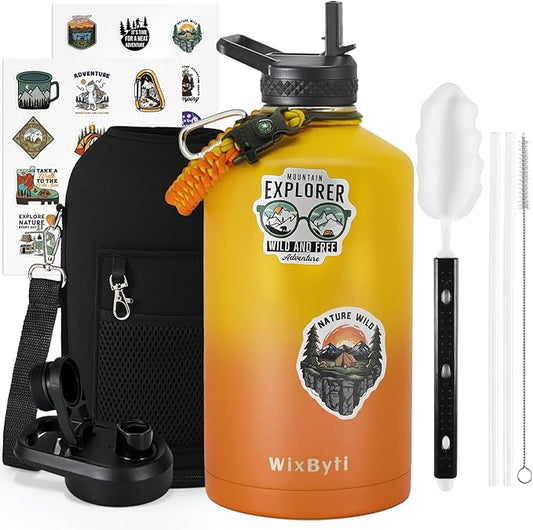One Gallon Water Bottle Insulated with DIY Stickers, Triple Wall Vacuum Cold for 48 Hrs Leak-proof Non-BPA, 128oz Large Sports Stainless Steel Water Jug with Paracord Handle Straw Spout Lids