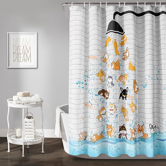 AILONEN Cute Corgi Shower Curtain for Kids 72" W*72" H Inch,Funny Dog Cartoon Corgi Animals Playing Water Shower Curtains,12 Pack Hooks Polyester Waterproof Fabric Decor for Bathroom Bathtub Panels