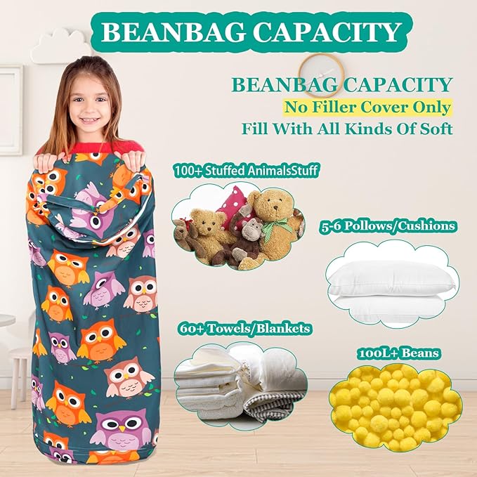 Stuffed Animal Bean Bag Storage Chair for Kids Cover Only (No Filler), Organize, Sit, Play & Boxing, 100% Cotton Canvas Washable, Ultra Soft Cylinder Long Vertical Zipper Best Gift for Child