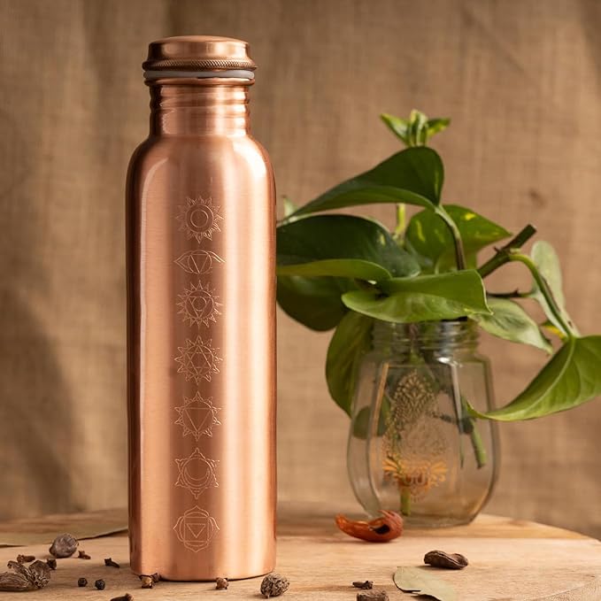 Pure Copper Metal Water Bottle - 32 oz - Indian Handmade Ayurveda Healing Drinking Water Bottle for Travel, Hiking, Gym, Office, Outdoor - Glossy Seven Chakras