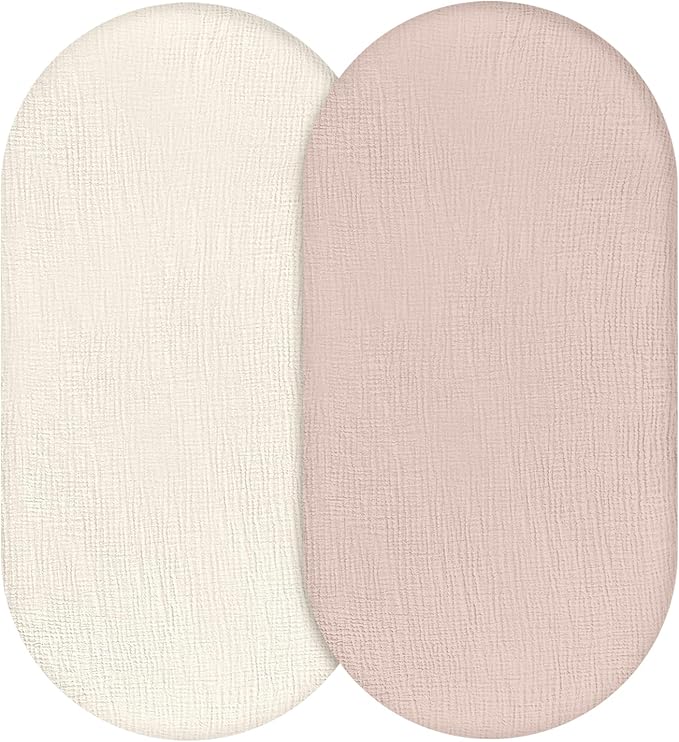 Muslin Bassinet Fitted Sheets, 2 Pack for Baby Boy and Girl, Soft Breathable Baby Pad/Mattress Sheet, Fit for Hourglass Oval and Rectangle Bassinet Mattress (Gentle Colors, Bassinet Sheets 2 Pack)