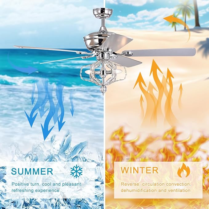 NicBex Ceiling Fan 52 Inch Crystal Ceiling Fan with Lights Ceiling Fans with 5 Blades and Remote Control Ceiling Fan with Lamp Shade for Bedroom, Living Room, Silver