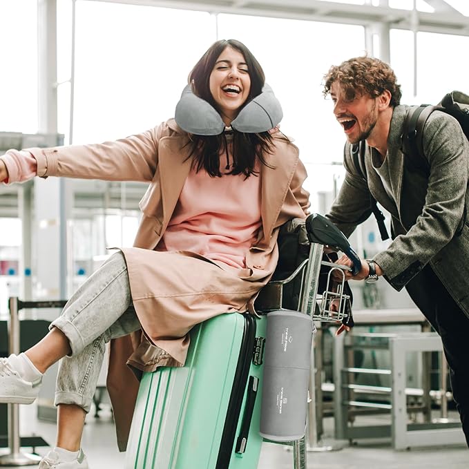 Travel Pillow and Blanket Set Neck Pillows Travel Essentials with Sleep Mask for Airplane Car Memory Foam Grey