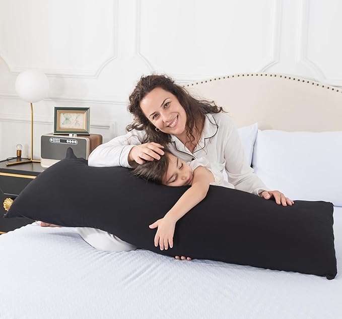 WhatsBedding Memory Foam Body Pillow with 100% Cotton Jersey Knitted Cover, Luxury Soft Large Long Pillow for Adults, Firm Full Body Pillow with Removable Zippered Pillow Case - Black