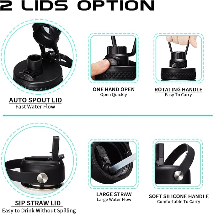 Insulated Water Bottle 32 oz - Cold-48h & Hot-24h Stainless Steel Vacuum Flask with Straw & Pop-up Chug Lid, Leak Proof 32oz Water Bottles, Wide Mouth Hydro Metal Thermal Cups for Gym Work