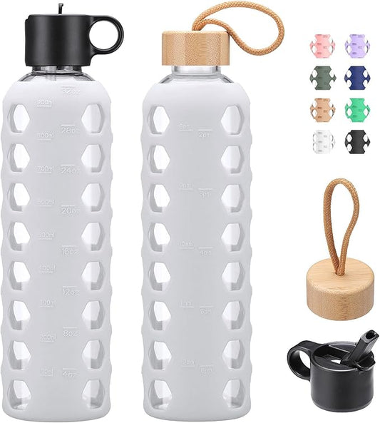 MUKOKO Glass Water Bottles, 32oz Glass Tumbler, Drinking Bottles with 2 Lids-Handle Flip Straw Lid&Bamboo Lid, Motivational Water Bottle with Time Marker and Silicone Sleeve, Leakproof-1 Pack-White