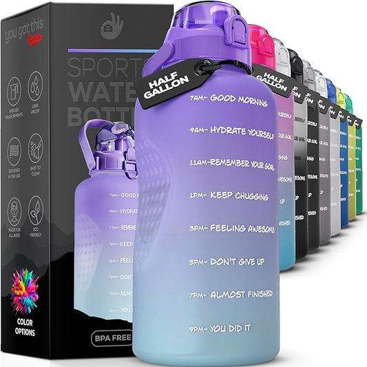 Motivational Water Bottle with Time Marker,Half Gallon Water bottle with Straw 64 oz/2.2L Gym Water Bottle, Achieve All-Day Hydration SpillProof, BPA FREE