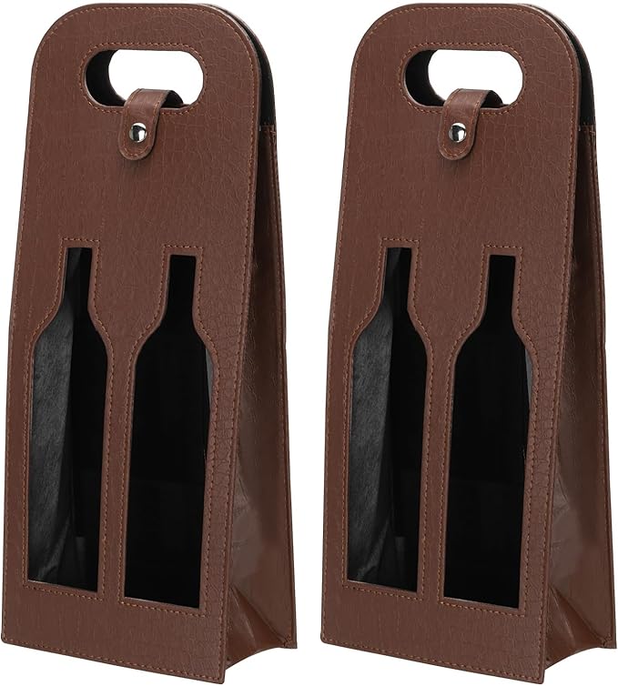 PATIKIL 2 Bottle Wine Gift Bag, 2 Pack Wine Bag Reusable Leather Wine Tote Carrier for Wine Bottles Portable Champagne Gift Bags for Picnic Party Wedding, Brown-2