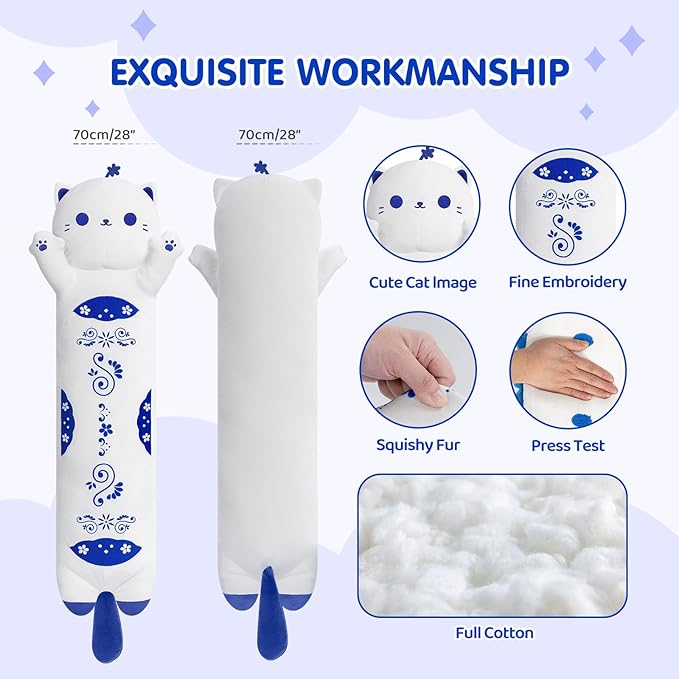 Long Cat Plush Kawaii Kids Plush Toy Pillows, Cute Cat Stuffed Animals Soft Plushies, Kitten Big Plush Toys Throw Body Pillow Doll Gift for Girls Boys (Blue Cat 28 Inch)