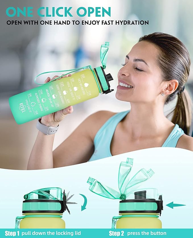 32oz Motivational Water Bottle with Time Marker & Fruit Strainer, Leak-proof BPA Free Non-Toxic Bottle with Carrying Strap, Perfect for Fitness, Gym and Outdoor Sports