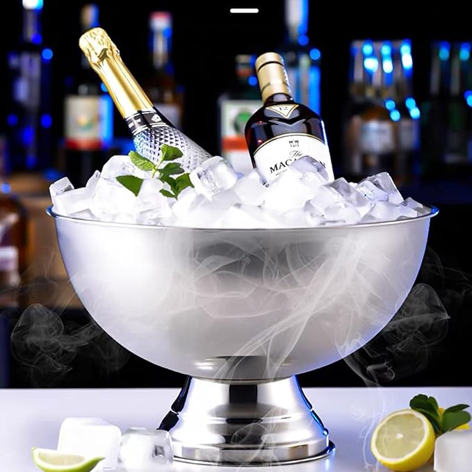 Large Ice Bucket 13L Stainless Steel Champagne Bowl Ice Bucket with Ice Scoop Semicircle Drink Tub with Integrated Base Silver Beverage Tub for Parties, Cocktail Bar, Chilling Wine,2Packs (2 packs)