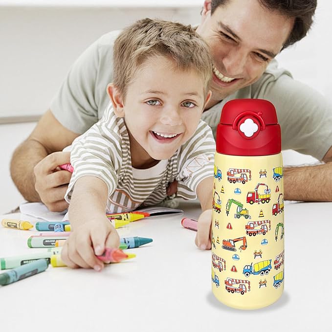 Kids Insulated Water Bottle with Covered Pop-Up Straw,16oz Kids Cups with Stainless Steel Leak Proof for School Boys Girls（Construction）