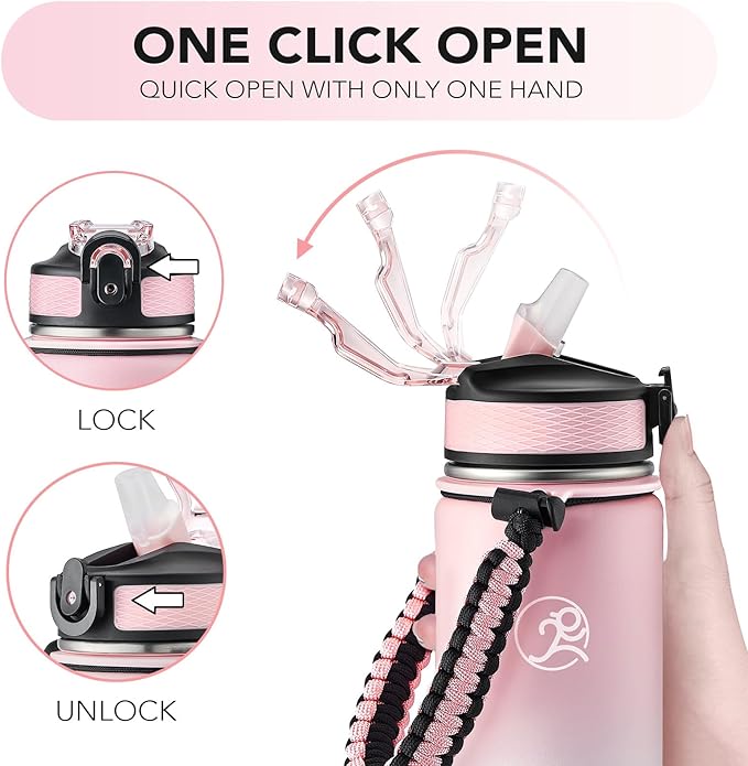 GOSWAG Insulated Sports Water Bottle, 24oz 2 Lids(with Straw/No Straw), Stainless Steel Water Bottles with Paracord Handle, Insulated Thermos with Double-Wall Vacuum Insulation