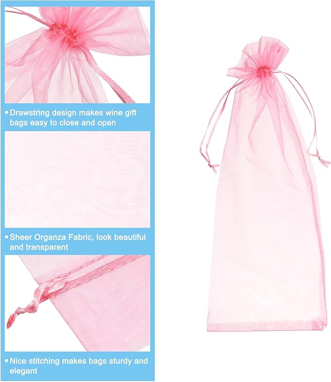 uxcell Organza Wine Bags, 12PCS 14.5 x 5.5 In Pink Sheer Mesh Organza Wine Wrapping Bags With Drawstring Wine Gift Pouches for Bottle Birthday, Wedding Party