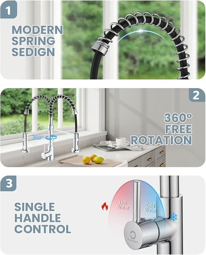 Kitchen Faucet, Commercial Kitchen Sink Faucets with Pull Down Sprayer, Stainless Steel Faucets for Kitchen Sinks, Dual Function Spray Head, Single Handle Spring Kitchen Faucets -Chrome Finish