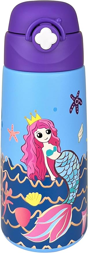 Kids Insulated Water Bottle with Covered Pop-Up Straw,16oz Kids Cups with Stainless Steel Leak Proof for School Boys Girls（Mermaid）