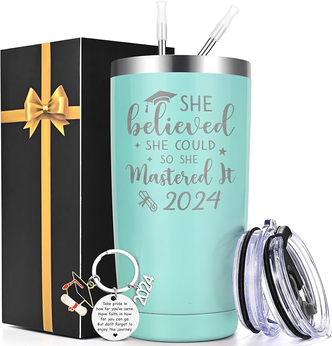 Lifecapido Graduation Gifts, Masters Degree Graduation Gifts, College Graduation Gifts for Her, Graduation 20oz Insulated Tumbler, Inspirational Gifts with Key Chain for Women Sister Friends, Green