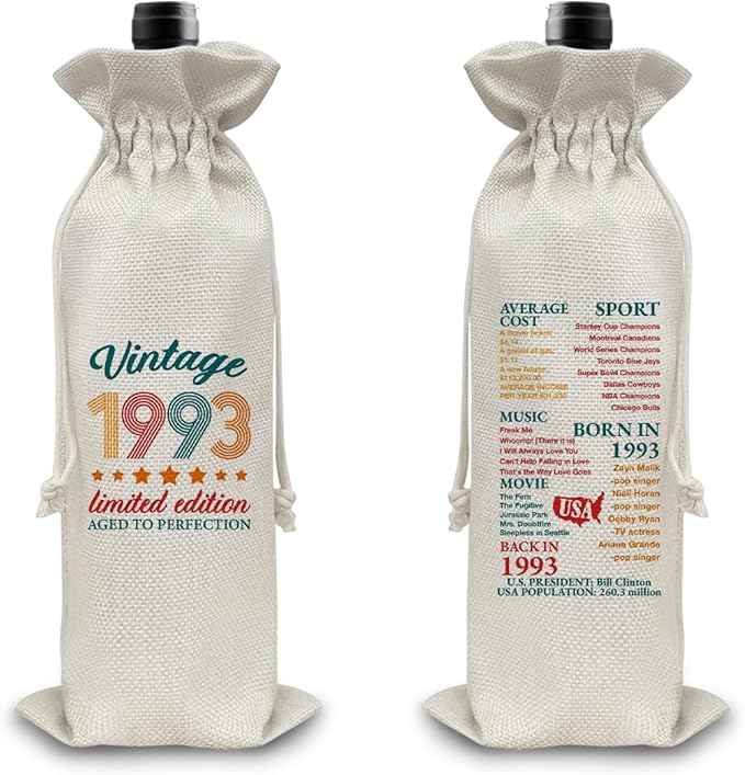 31st Birthday Gifts Wine Bag Congratulations Gifts for Women Men Parents Mom Dad Anniversary Favors 1993 with Time Information Wine Gift Bag