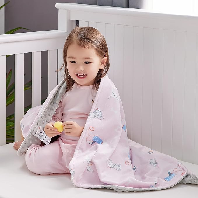 DaysU Silky Micro Soft Plush Baby Blankets for Girls with Print Animal Pattern and Soothing Raised Dots, Double Layer Bed Throws for Toddler Cot, Puppy, Pink, 50x60 Inches