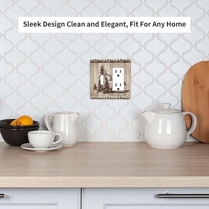 Rustic Wood Bear Forest 2 Gang Single Toggle Rocker Combination Light Switch Cover Vintage Antique Cabin Decorative Wall Plate Cover Electrical Faceplate for Farmhouse Bathroom Bedroom Kitchen Decor