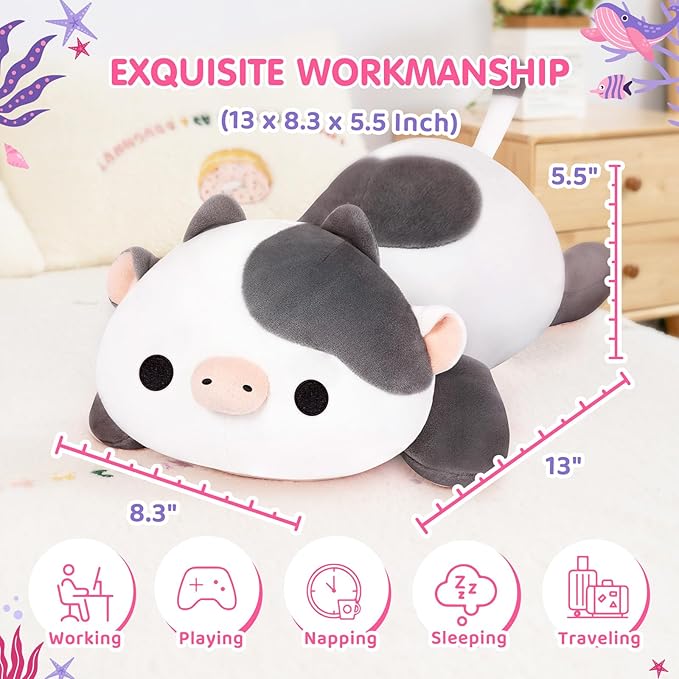 Cute Cow Plush Pillow, Kawaii Plushies White Cow Stuffed Toys, Squishy Plushies, Cuddle Plush Pillow for Boys & Girls