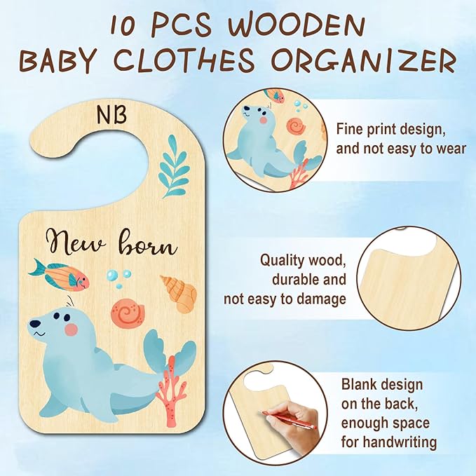 CRASPIRE 10Pcs Ocean Animal Wood Baby Wardrobe Dividers Clothes Size Dividers Closet Organizers Nursery Decor from Newborn to 36 Month Hanger Baby Infant Wardrobe Divider for Newborn Baby Shower