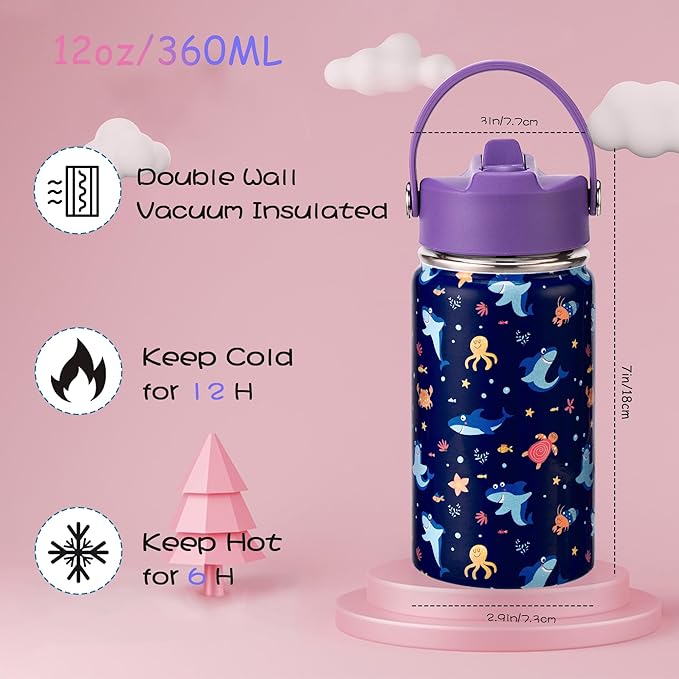 Kids Insulated Water Bottle, 2 Pack 12oz Shark & Dinosaur Water Bottles Bulk with Flip Straw & Big Handle, Gifts for Kids Girls to School Travel Sports, Hands Wash Only, Purple & Pink