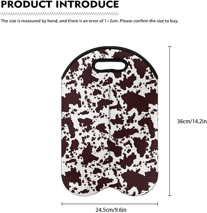 doginthehole Brown Cow Print Wine Tote Carrier Bag 2 Bottle Insulated Neoprene Wine/Water Bottle Holder Protective Travel Bag Champagne Cooler Bag for Beach Picnic Dinner Wedding